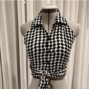 Houndstooth Halter Wrap Top Open Back
